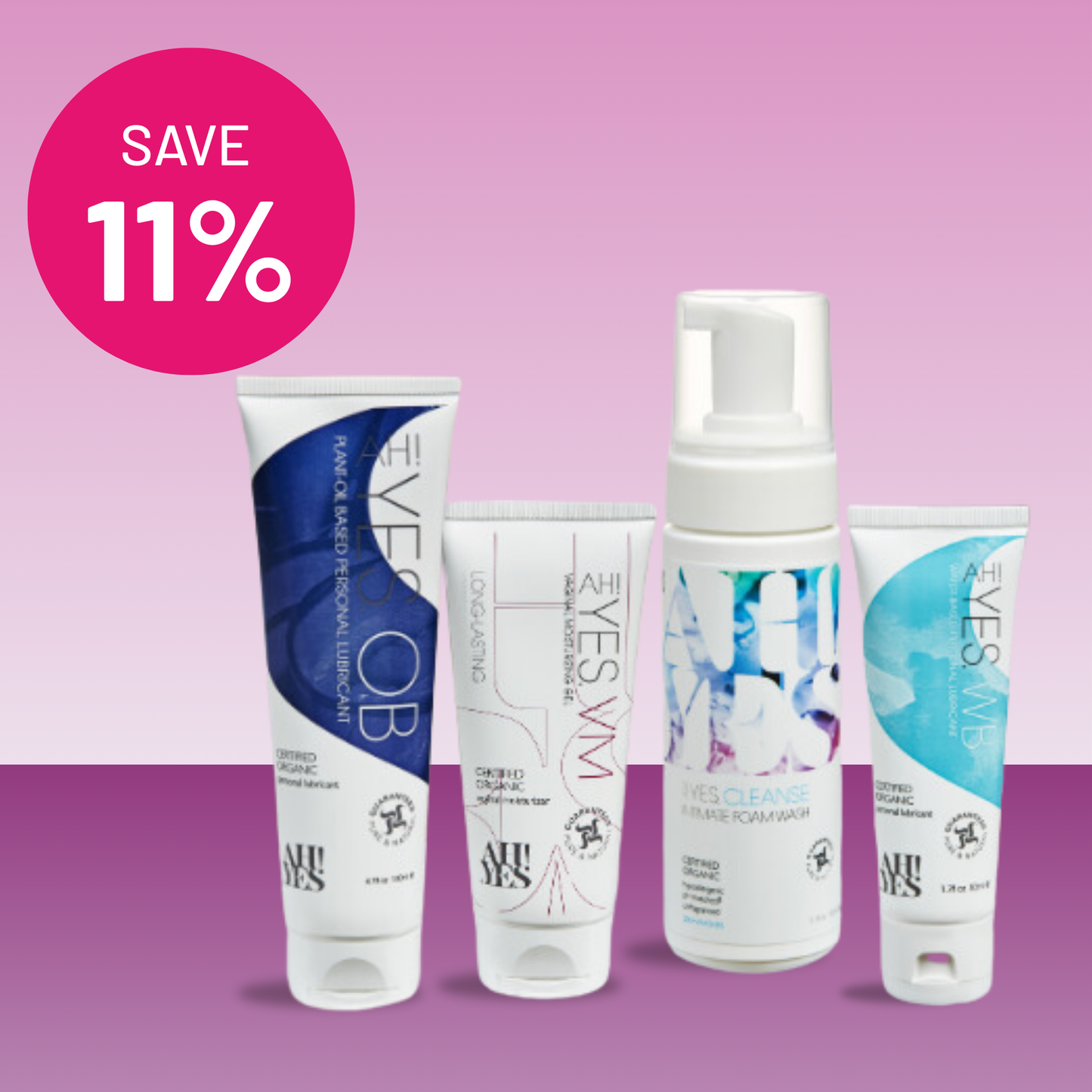 AH! YES intimate health starter kit for vaginal dryness.  Water-based lubricant, vaginal moisturizer, feminine wash and oil-based lubricant