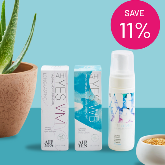 AH! YES ultimate hydration intimate health bundle includes WB water based lubricant, VM vaginal moisturizer, and CLEANSE intimate feminine wash.  SAVE 11%