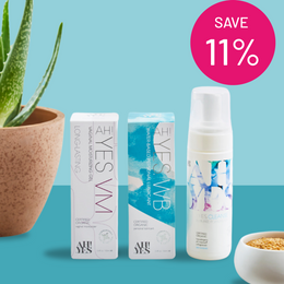 AH! YES ultimate hydration intimate health bundle includes WB water based lubricant, VM vaginal moisturizer, and CLEANSE intimate feminine wash.  SAVE 11%